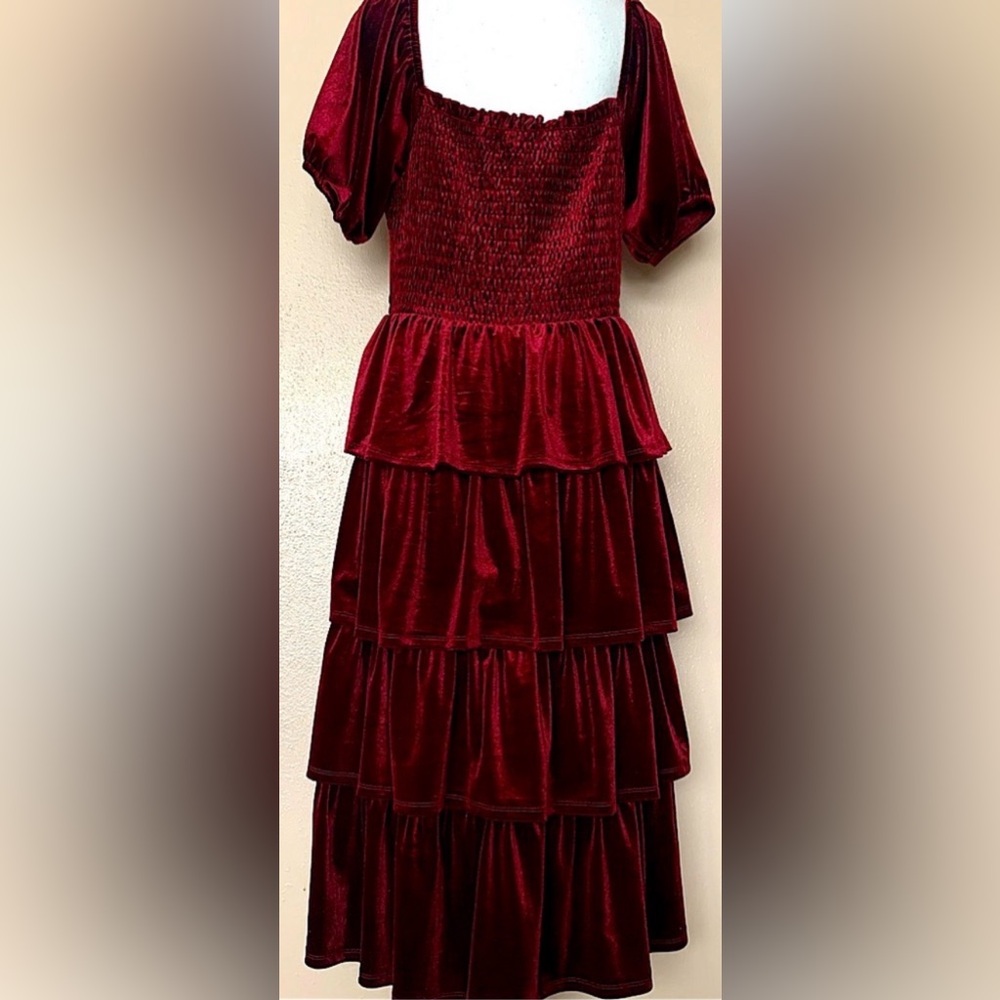 Luxurious Red Velvet Burgundy Dress tiered Ruffled Dress
